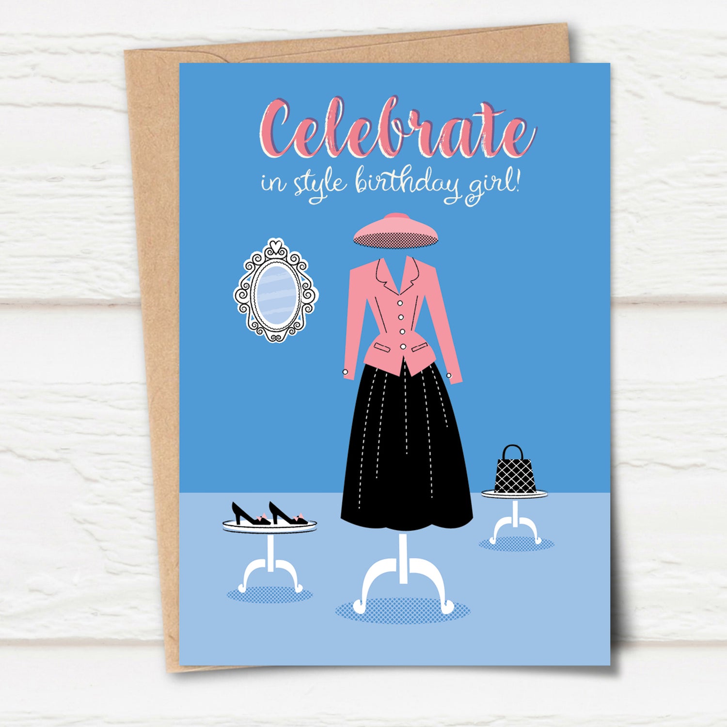 Birthday card in black, pink and blue from the Boutique range showing a retro illustration of a shop mannequin in 1950s ladies clothes