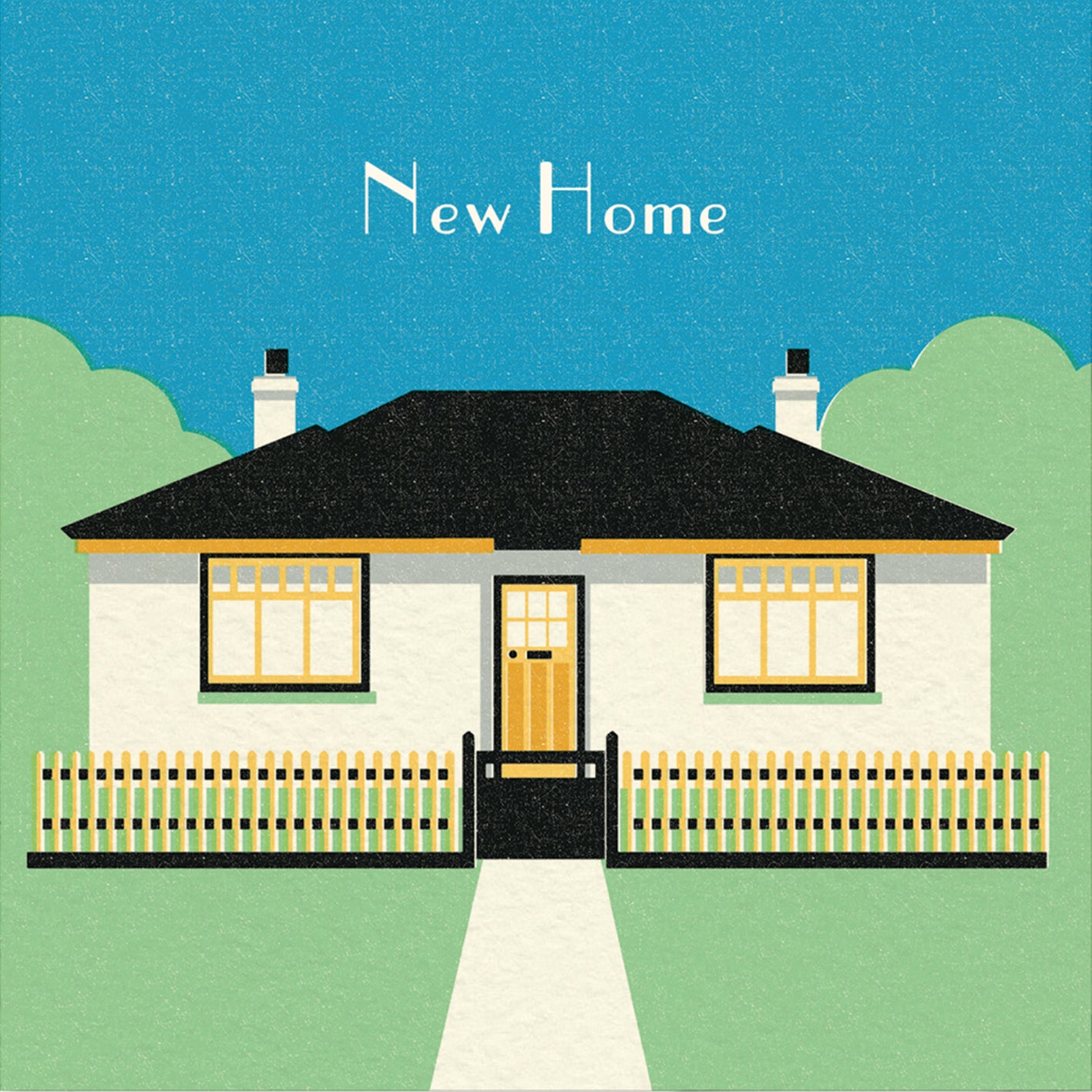 A house warming greetings card and envelope featuring a stylised illustration of a 1930s bungalow and picket fence in green, blue, black and yellow with the words 'New Home' above it. 