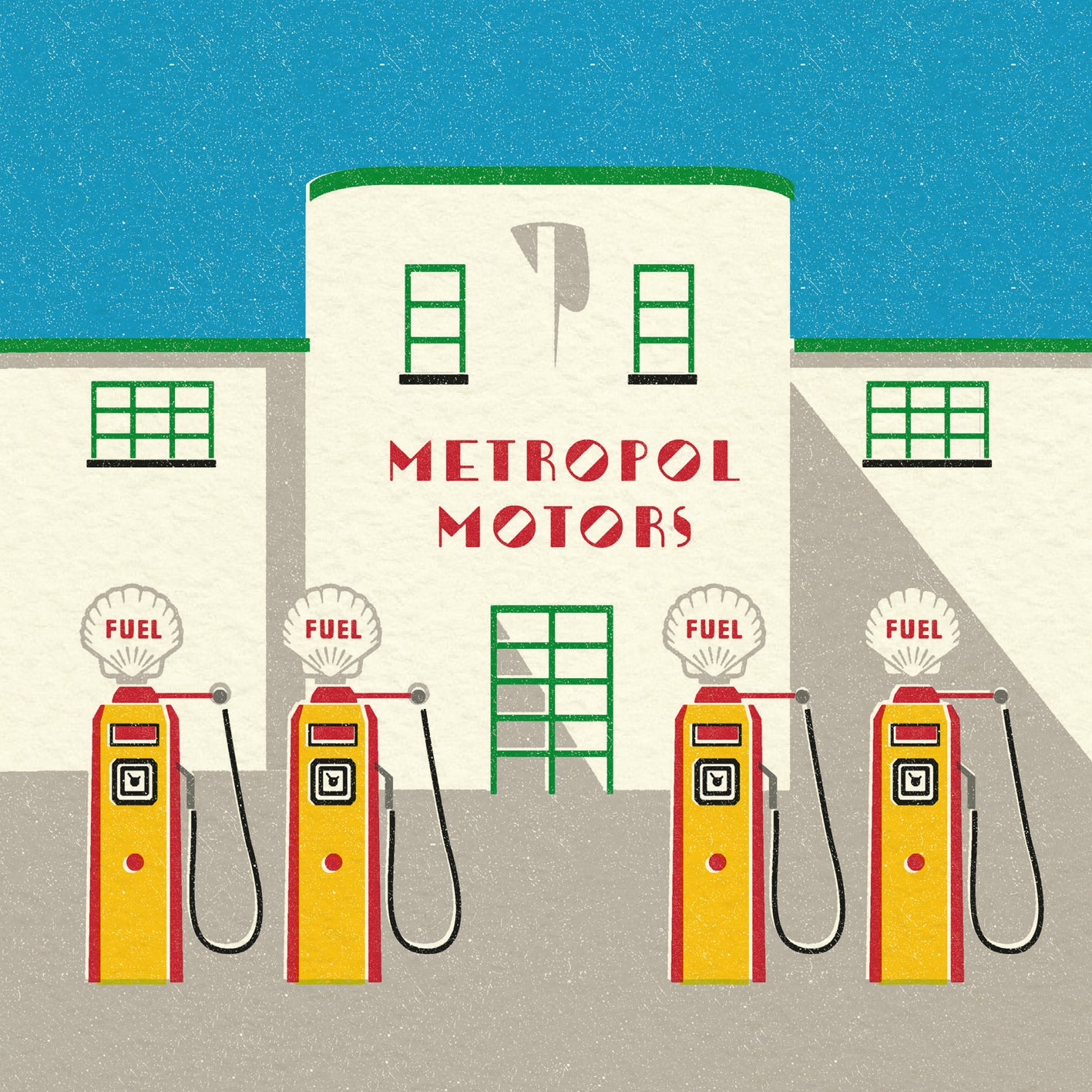 A stylised illustration of a symmetrical, streamlined art deco garage red, green and white against a cloudless blue sky. The words METROPOL MOTORS are written across the front, and there are four red and yellow petrol pumps at the front with the words FUEL on them. 