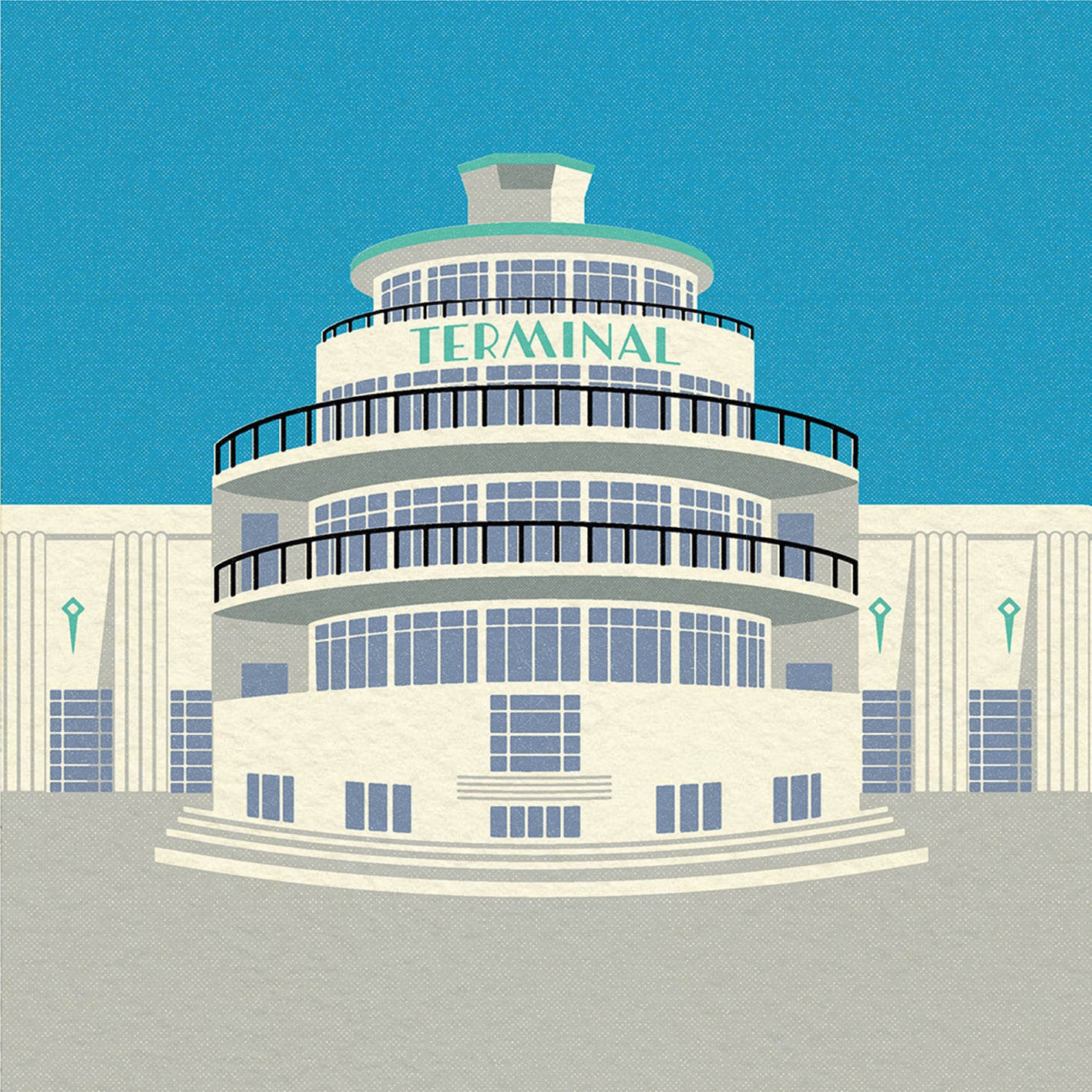 A  greetings card featuring a stylised illustration of an circular art deco airport building in blue, grey and green with the word 'terminal' across the front of the building.