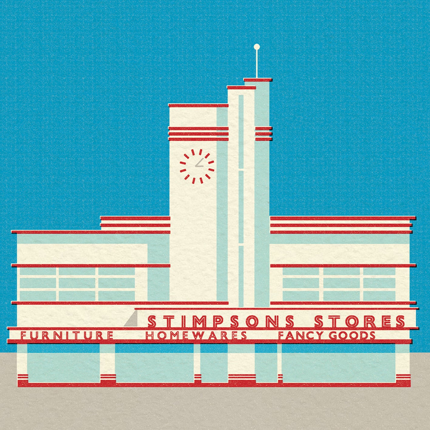 A  stylised illustration of an asymmetrical, streamlined building frontage in red and white against a cloudless blue sky. The words STIMPSONS STORES are written across the front, with department names underneath (furniture, homewares, fancy goods), and there is an art deco style clock on the central tower. 