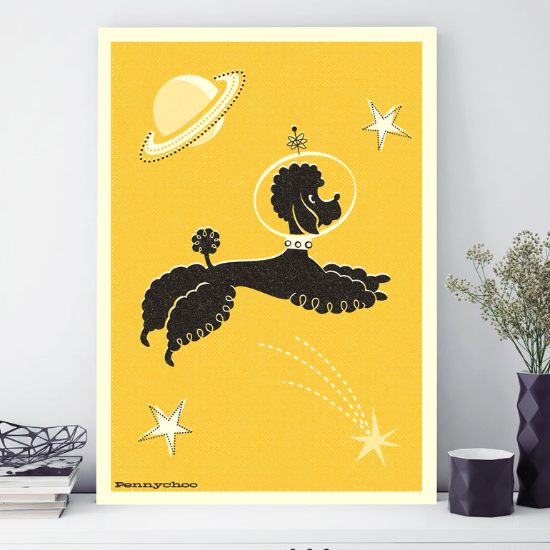 Pooch A3 Print: Space Poodle, Yellow