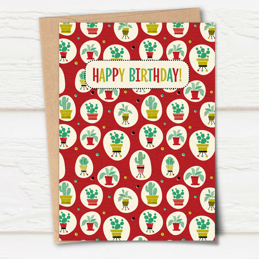 Cactus Pattern Birthday Card, Red