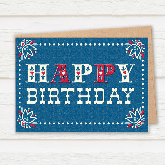 Folksy Birthday Card, Denim