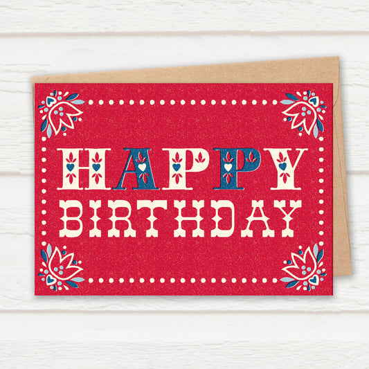 Folksy Birthday Card, Scarlet