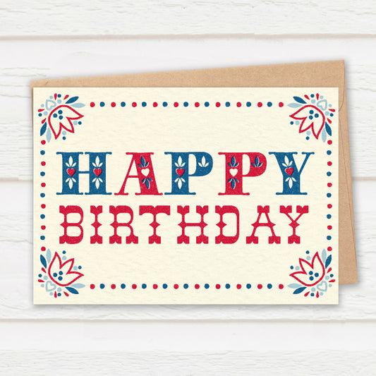 Folksy Birthday Card, Ivory