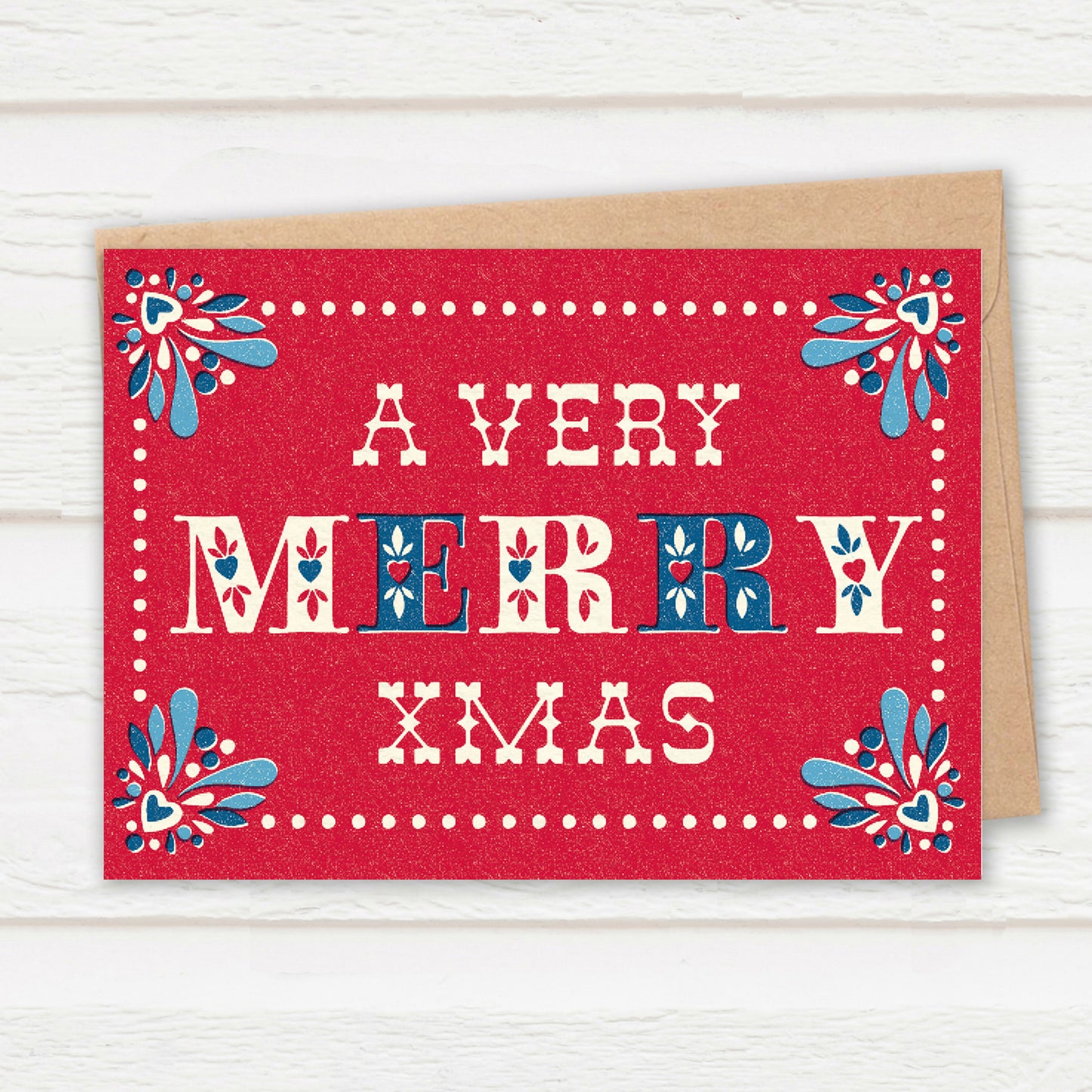 Folksy Christmas Card, Berry Red