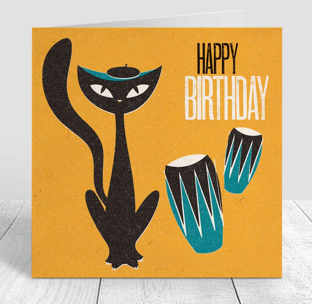 Jazz Cat Bongoes Birthday Card