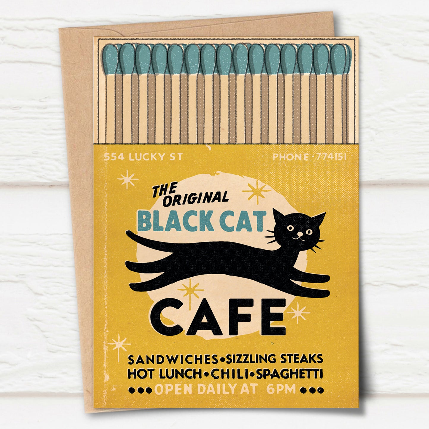 Matchbox Card: The Black Cat Café – Mustard
